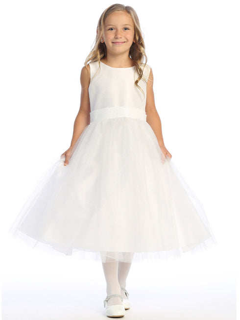 Girls White V Back Trim Shantung Sparkle Tulle Flower Girl Dress 2T-10 front SophiasStyle.com